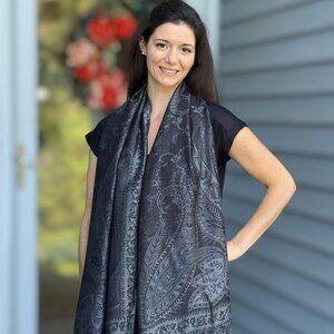 Fringed Black and Gray Modal Silk Jamawar Pashmina